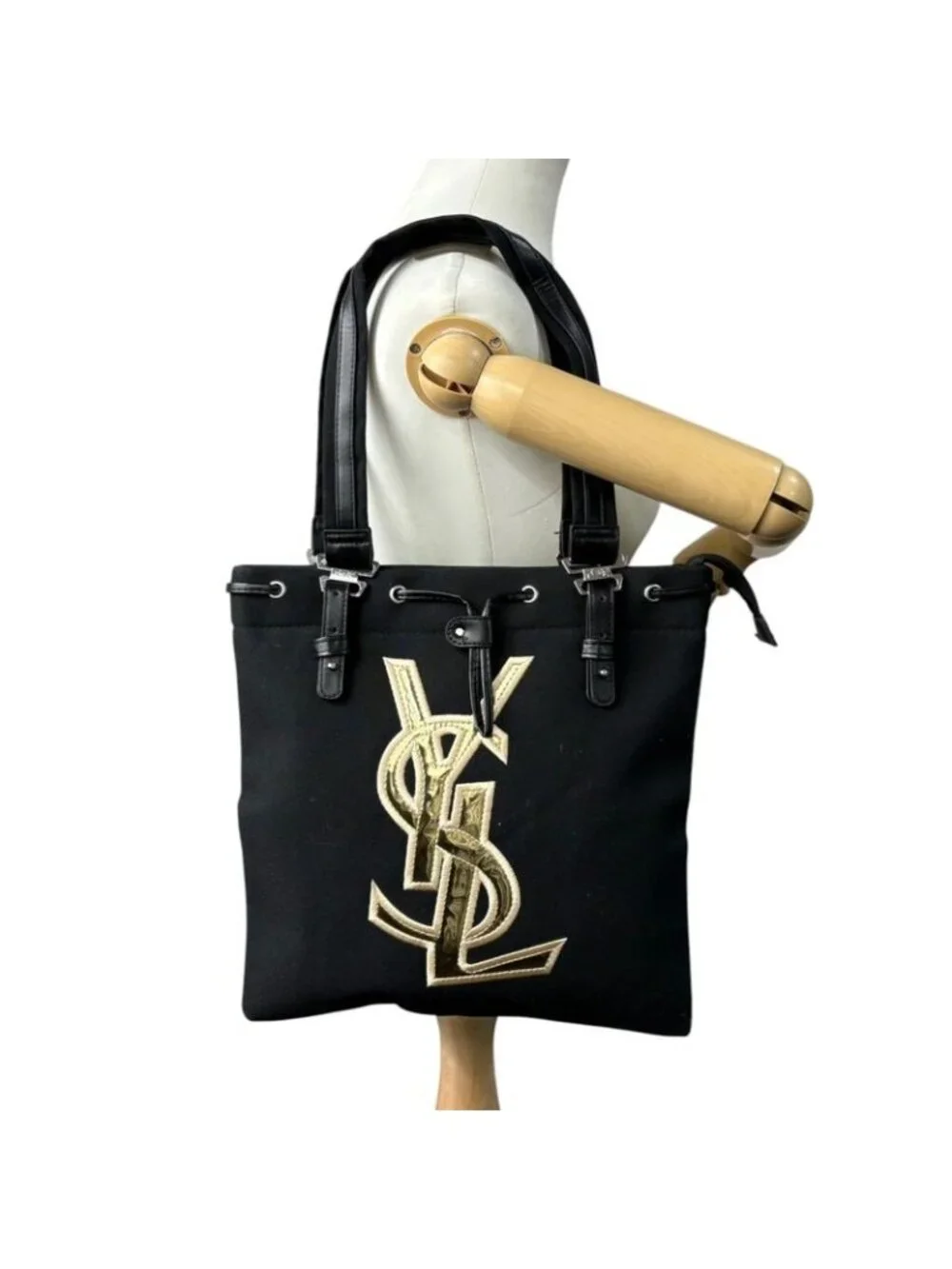 Saint Laurent Yves YSL Tote Shoulder Canvas Leather Black Gold Big Logo Classic - Picture 4 of 10
